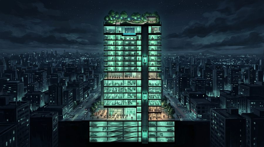 Siluet menara gedung campuran di mal hari dengan lantai-lantai menyala dari basement sampai atap