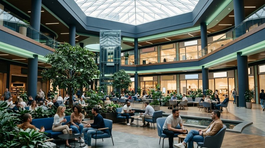 Atrium mal yang terang dengan pengunjung duduk santai di area umum ber-AC
